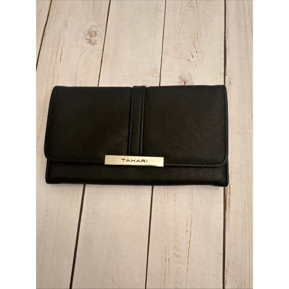 Tahari Black Womens Faux Leather Trifold Wallet Identity Protect Lining 8x5” EUC - Picture 1 of 6